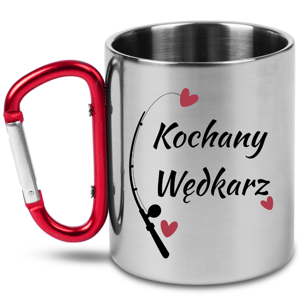 Kubek z czerwonym karabińczykiem i nadrukiem "Kochany Wędkarz" - wędkarstwo #2