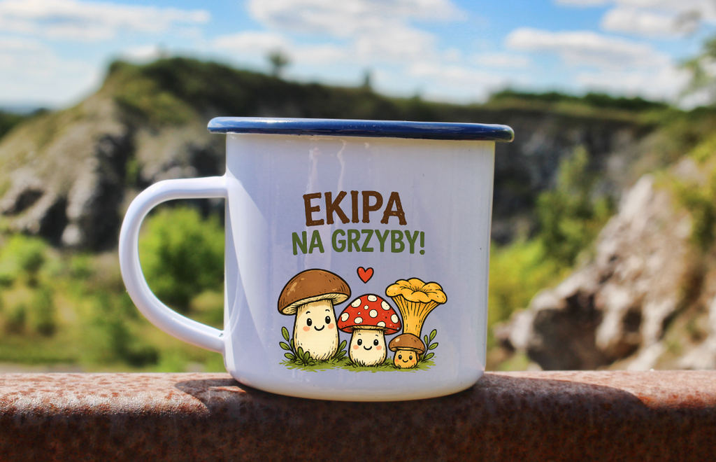 Kubek emaliowany biały z nadrukiem „Ekipa na grzyby!” i grafikami grzybów #11