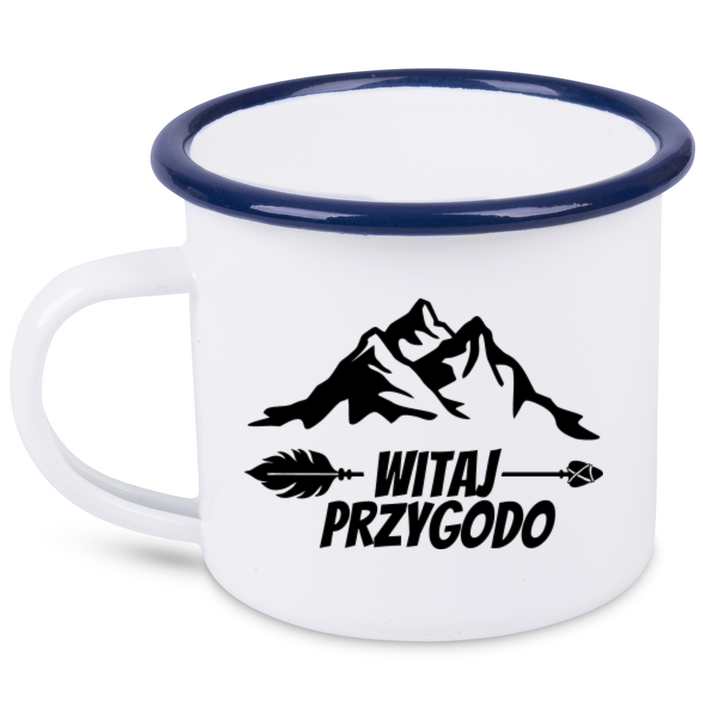 Kubek emaliowany biały z nadrukiem „Witaj przygodo” – podróż, travel #11