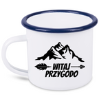 Kubek emaliowany biały z nadrukiem „Witaj przygodo” – podróż, travel #11