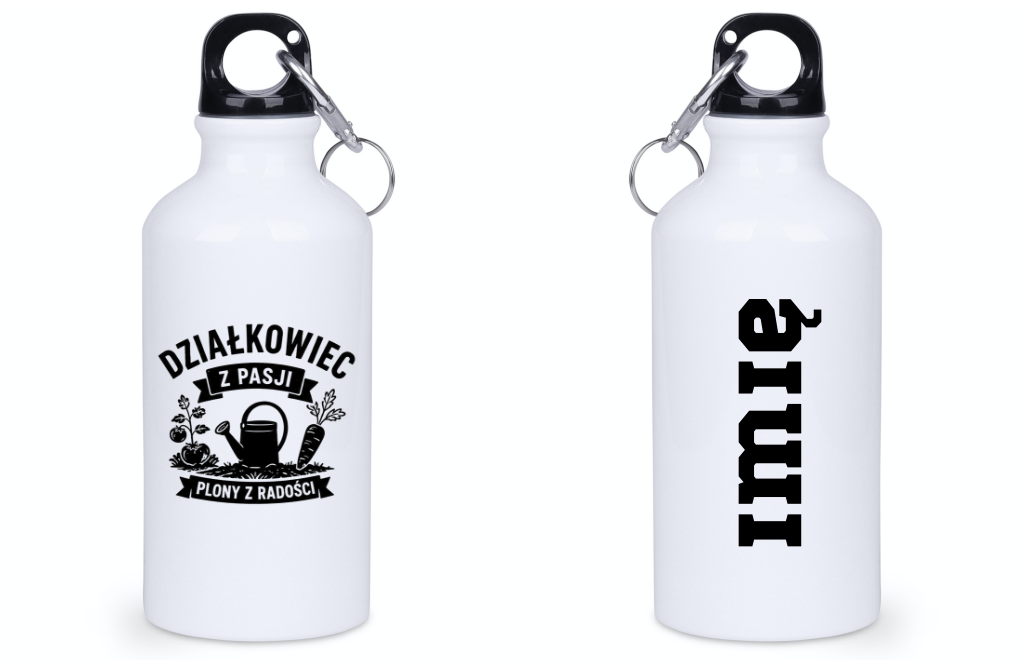 Butelka biała 400 ml z nadrukiem „Działkowiec z pasji, plony z radości” – ogród, działka #5
