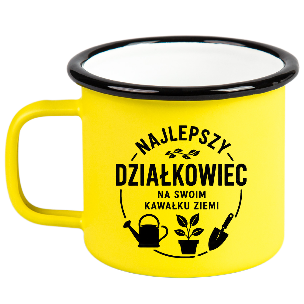 Kubek emaliowany żółty z nadrukiem „Najlepszy działkowiec na swoim kawałku ziemi” – działka, ogród #9