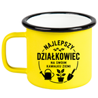Kubek emaliowany żółty z nadrukiem „Najlepszy działkowiec na swoim kawałku ziemi” – działka, ogród #9