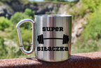Kubek metalowy srebrny z karabińczykiem i nadrukiem „Super Siłaczka” – na siłownię #2