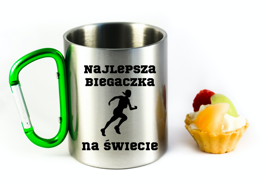 Kubek z karabińczykiem zielonym z nadrukiem "Najlepsza Biegaczka na Świecie" – bieganie #2