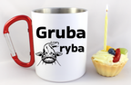 Kubek biały z czerwonym karabińczykiem i nadrukiem "Gruba ryba" – wędkarstwo #12