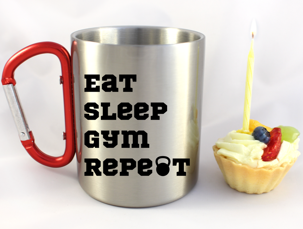 Kubek z czerwonym karabińczykiem i nadrukiem "Eat Sleep Gym Repeat" – na siłownię #6