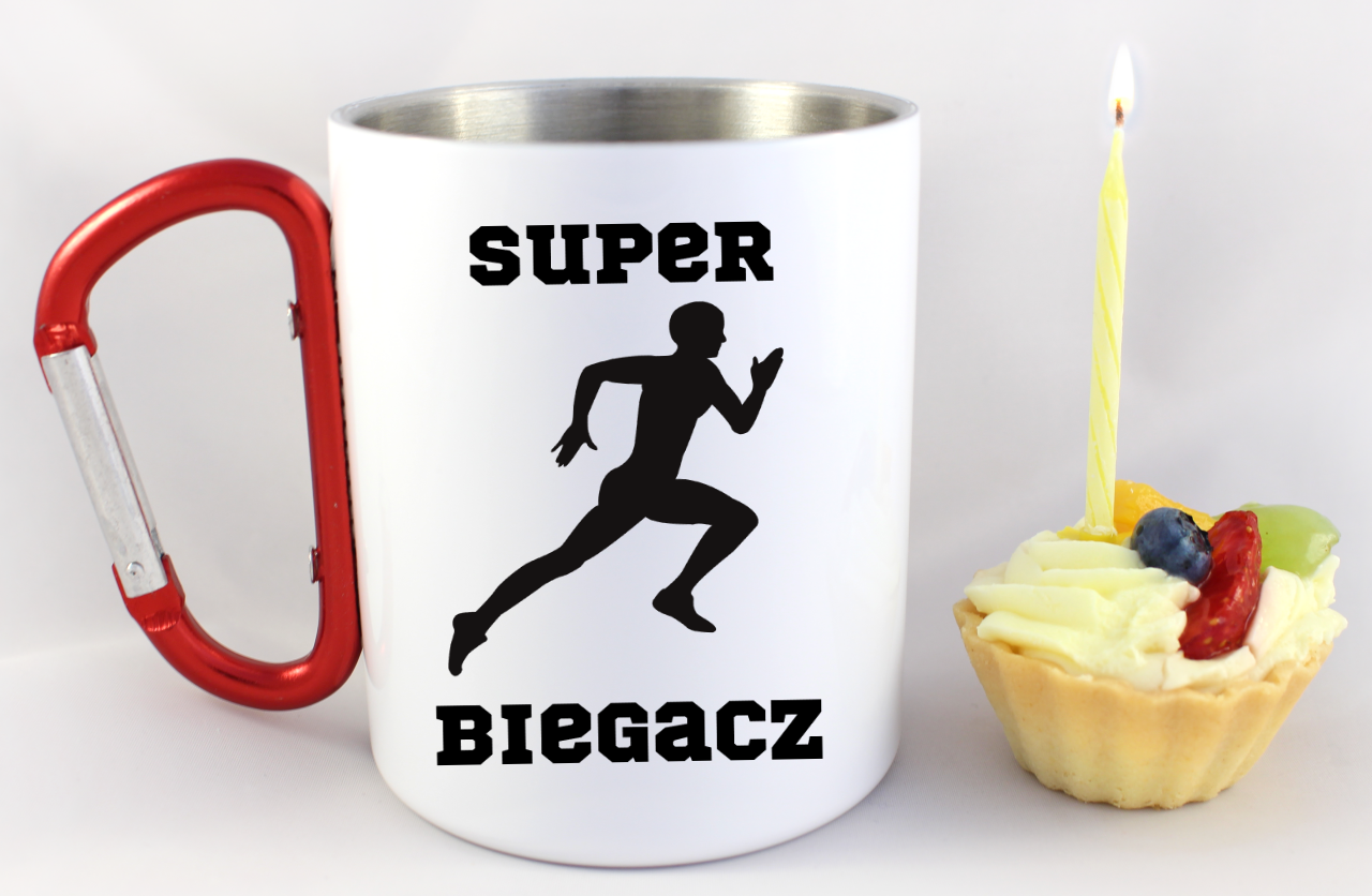 Kubek biały z czerwonym karabińczykiem z nadrukiem "Super Biegacz" – bieganie #7