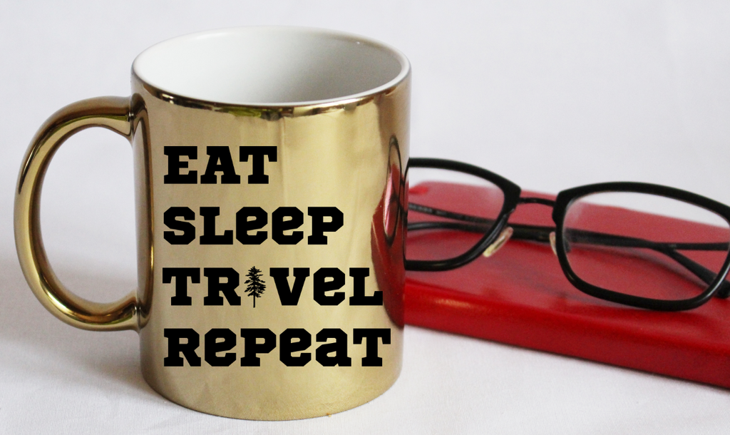 Kubek złoty z nadrukiem „Eat Sleep Travel Repeat” – podróż, przygoda #5