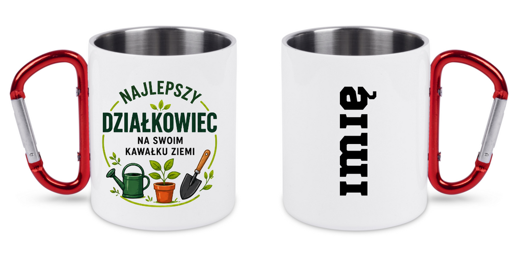 Kubek biały z czerwonym karabińczykiem „Najlepszy działkowiec na swoim kawałku ziemi” – działka, ogród #4
