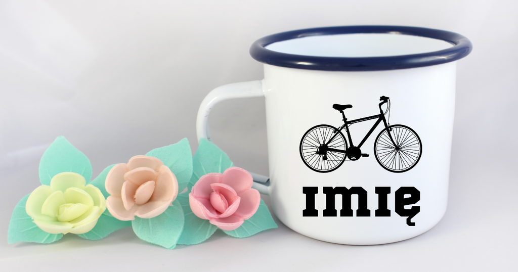 Kubek emaliowany biały z grafiką roweru i imieniem do wyboru – dla rowerzystów #3