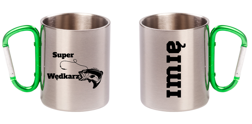 Kubek metalowy 300 ml z zielonym karabińczykiem i nadrukiem "Super Wędkarz" – wędkarstwo #5