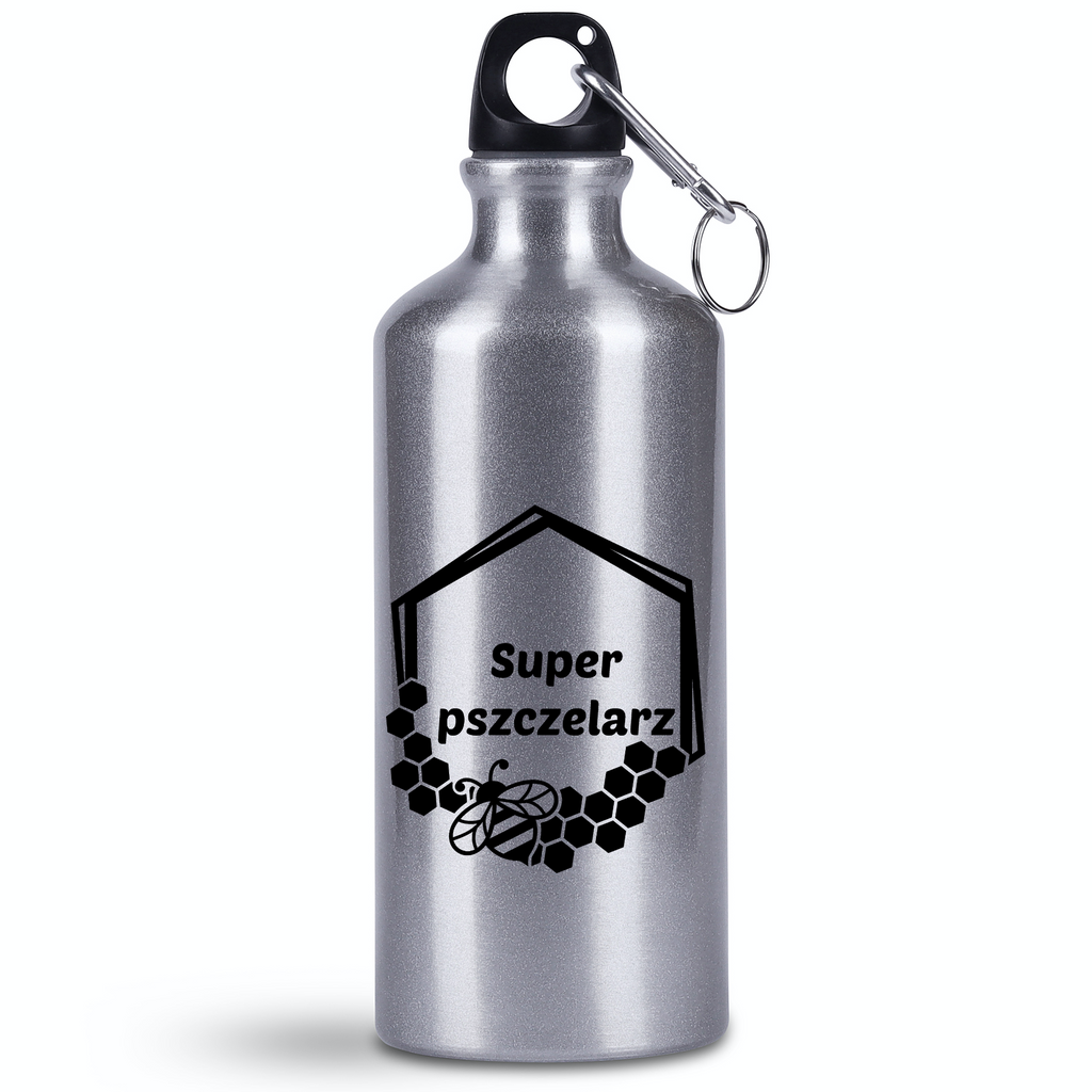 Butelka srebrna 500 ml z nadrukiem „Super pszczelarz” – pszczelarstwo #9