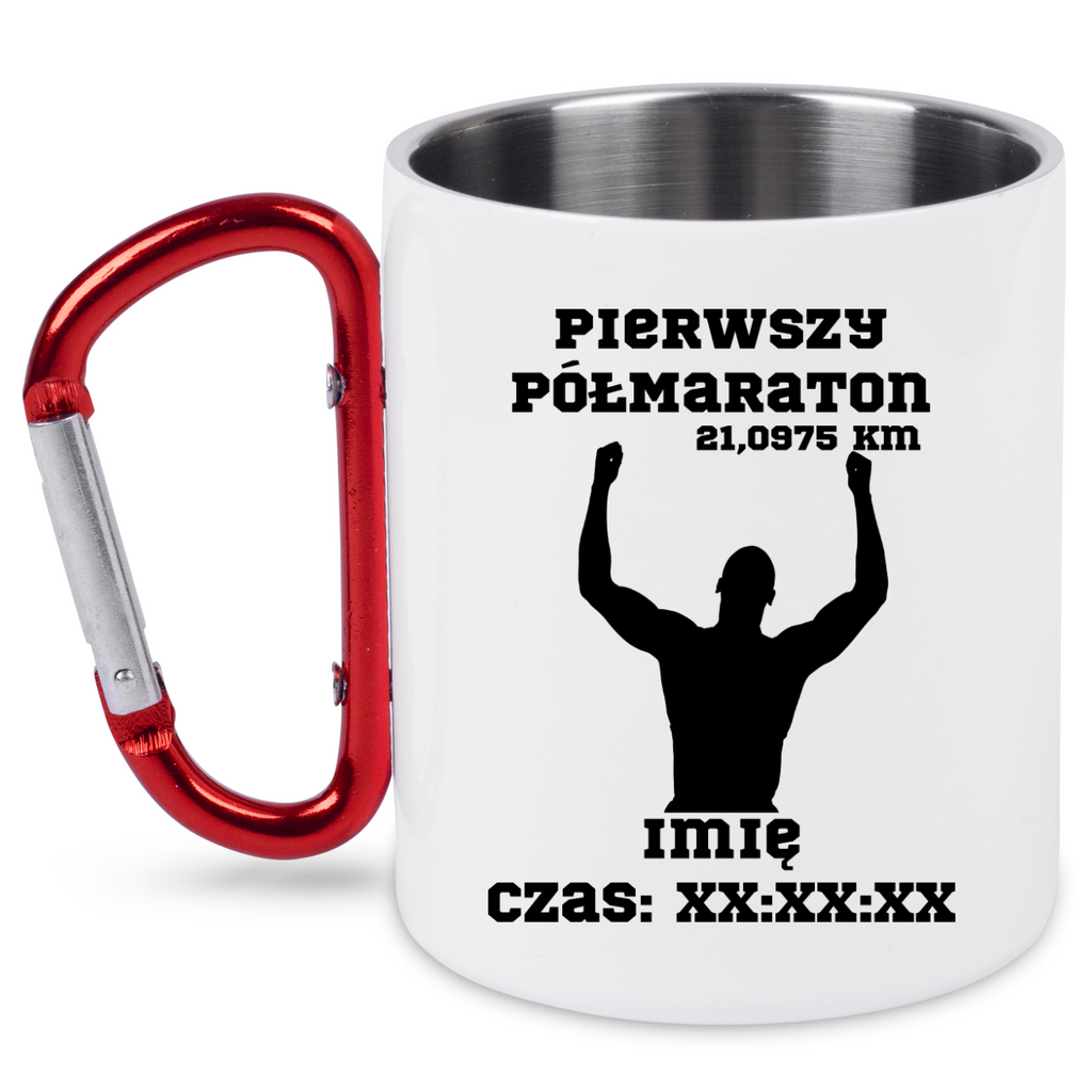 Kubek biały z czerwonym karabińczykiem pamiątka po półmaratonie z czasem i imieniem – bieganie #9