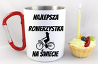 Kubek biały z czerwonym karabińczykiem i nadrukiem "Najlepsza rowerzystka na świecie" – dla rowerzystki #7