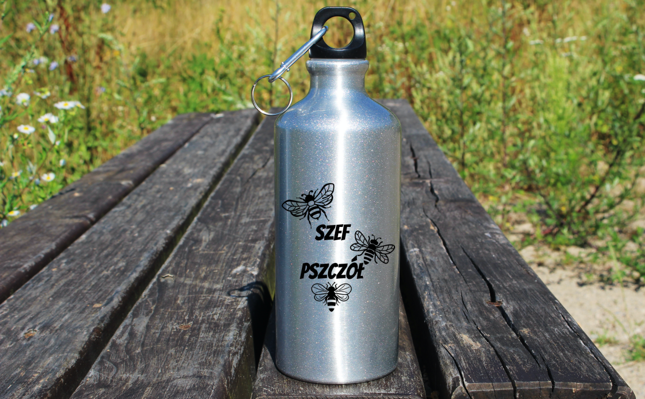 Butelka srebrna 500 ml z nadrukiem „Szef pszczół” – pszczelarstwo #3