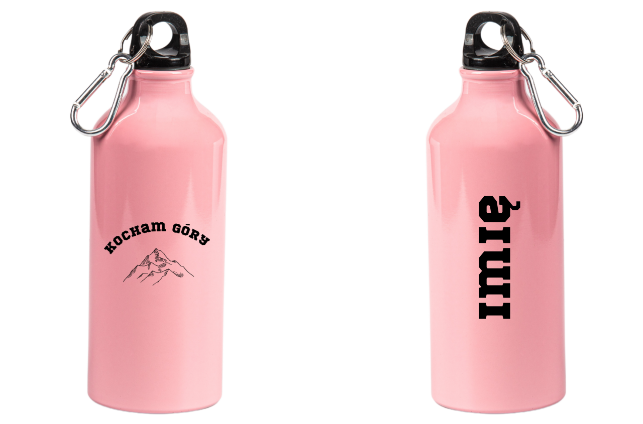 Butelka różowa 600 ml z nadrukiem "Kocham Góry" i grafiką góry #6
