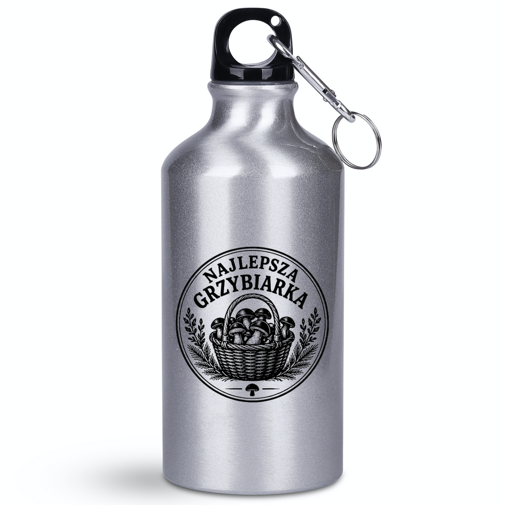 Butelka srebrna 400 ml z nadrukiem „Najlepsza Grzybiarka” – na grzyby #1