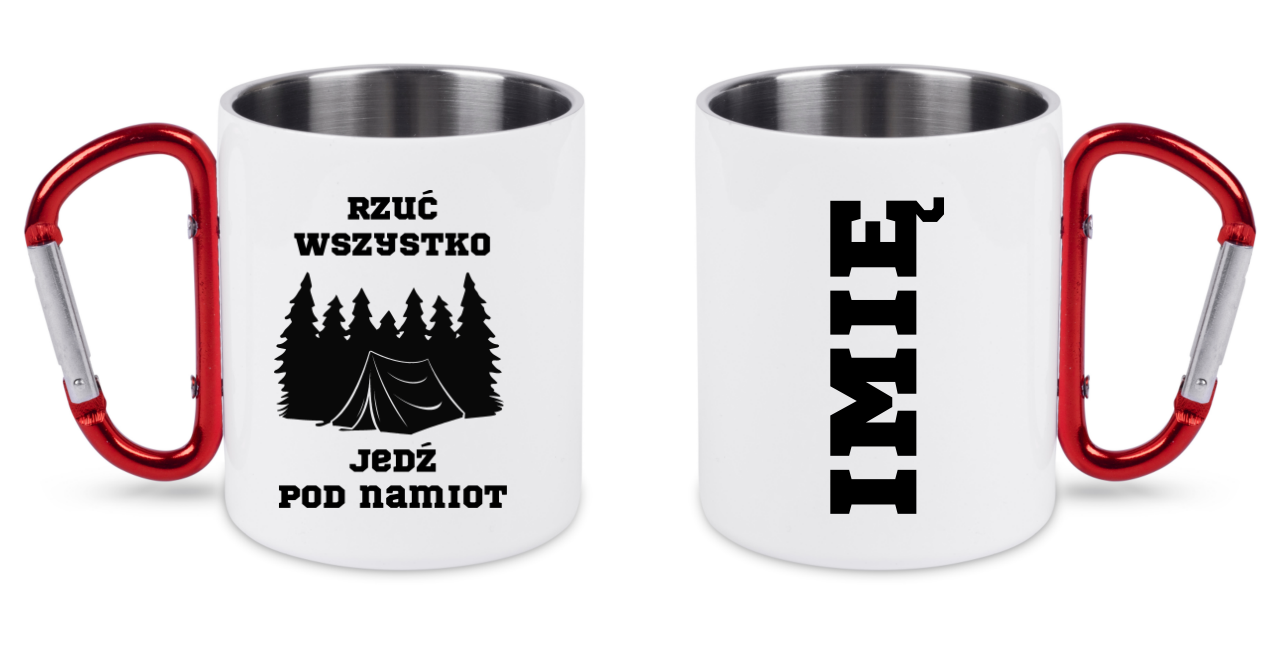 Kubek biały z czerwonym karabińczykiem z nadrukiem „Rzuć wszystko, jedź pod namiot” – camping, namioty #9