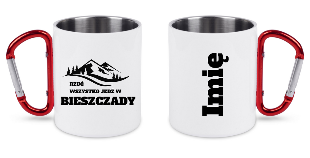Kubek biały z czerwonym karabińczykiem, nadruk „Rzuć wszystko, jedź w Bieszczady” #5
