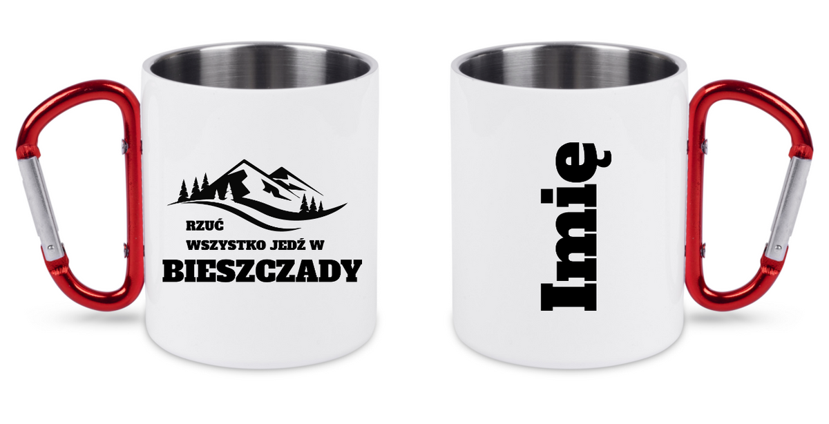 Kubek biały z czerwonym karabińczykiem, nadruk „Rzuć wszystko, jedź w Bieszczady” #5