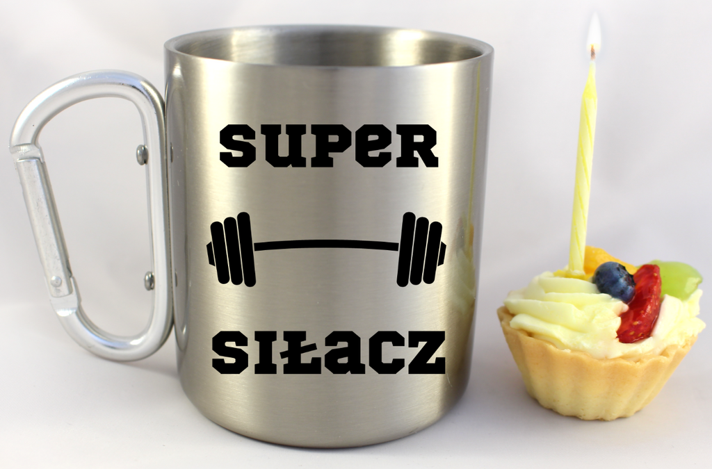 Kubek metalowy srebrny z karabińczykiem i nadrukiem „Super Siłacz” – na siłownię #3