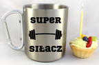 Kubek metalowy srebrny z karabińczykiem i nadrukiem „Super Siłacz” – na siłownię #3