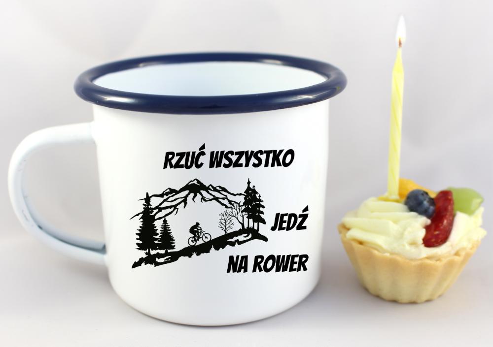 Kubek emaliowany biały z nadrukiem „Rzuć wszystko, jedź na rower” – dla rowerzystów #2