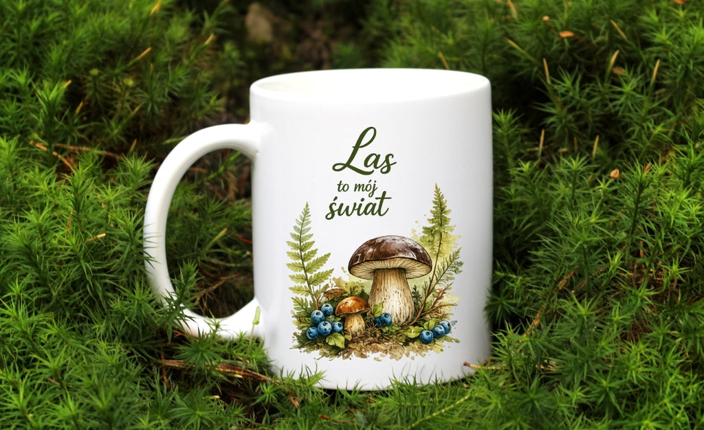 Kubek biały z nadrukiem „Las to mój świat” – grzyby, las #9