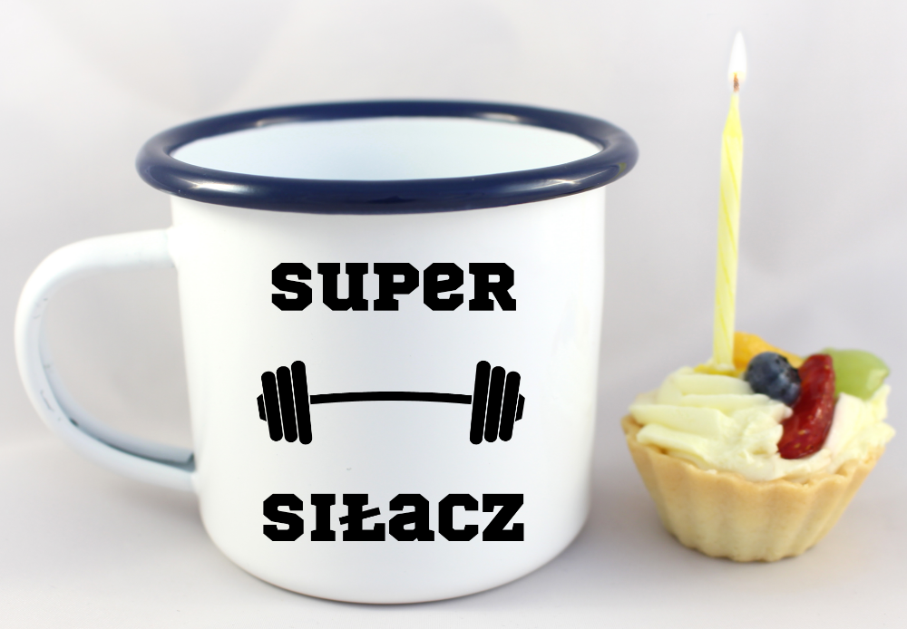 Kubek emaliowany biały z nadrukiem „Super Siłacz” – siłownia #3