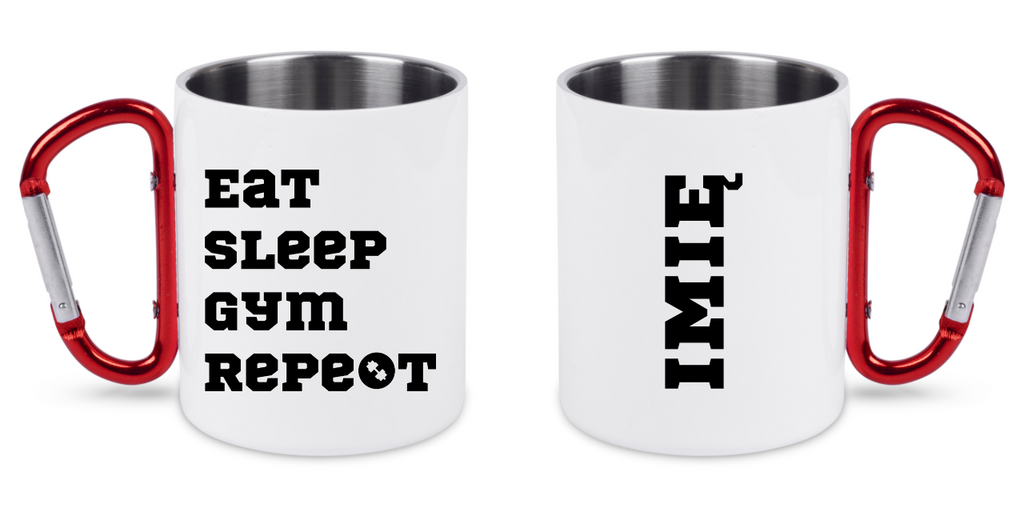 Kubek biały z czerwonym karabińczykiem i nadrukiem „Eat Sleep Gym Repeat” – na siłownię #7