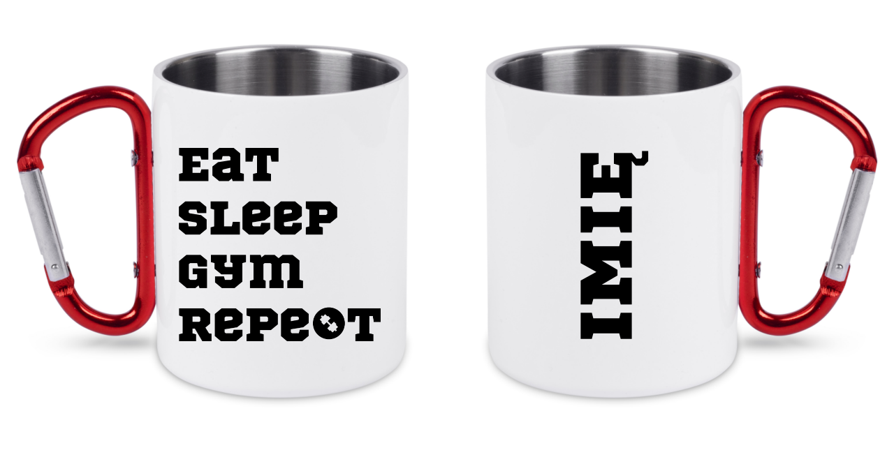 Kubek biały z czerwonym karabińczykiem i nadrukiem „Eat Sleep Gym Repeat” – na siłownię #7