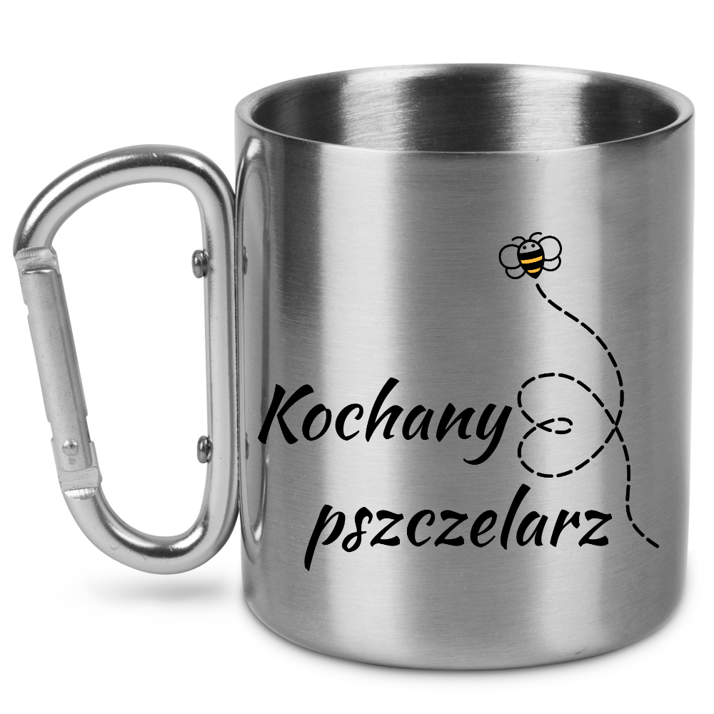 Kubek metalowy ze srebrnym karabińczykiem z nadrukiem „Kochany pszczelarz” – pszczelarstwo #6