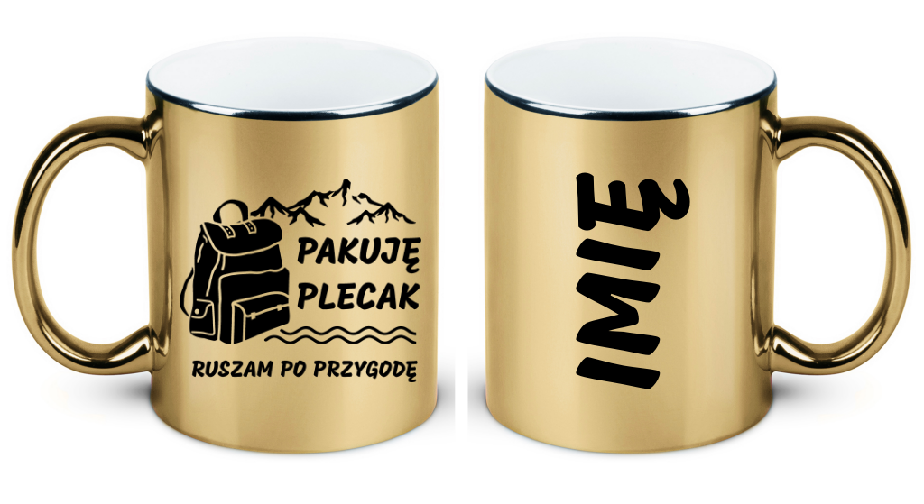Kubek złoty z nadrukiem „Pakuję plecak, ruszam po przygodę” – trekking, przygoda #3