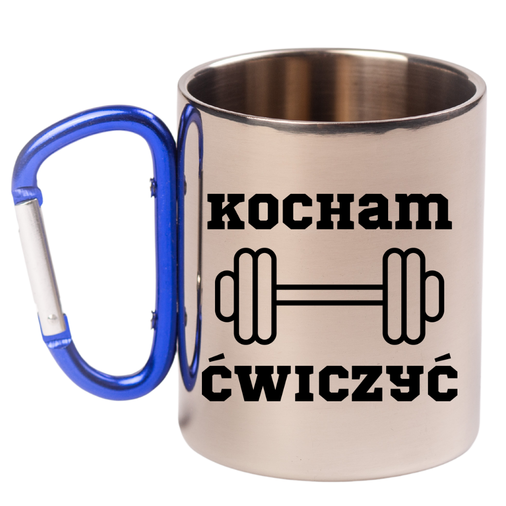 Kubek z niebieskim karabińczykiem i nadrukiem „Kocham Ćwiczyć” – siłownia #2