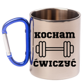 Kubek z niebieskim karabińczykiem i nadrukiem „Kocham Ćwiczyć” – siłownia #2