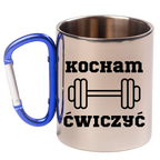 Kubek z niebieskim karabińczykiem i nadrukiem „Kocham Ćwiczyć” – siłownia #2