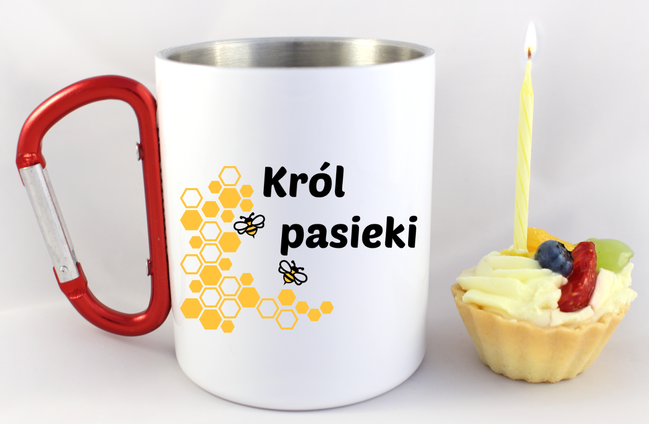 Kubek biały 300 ml z czerwonym karabińczykiem i nadrukiem „Król pasieki” – pszczelarstwo #10