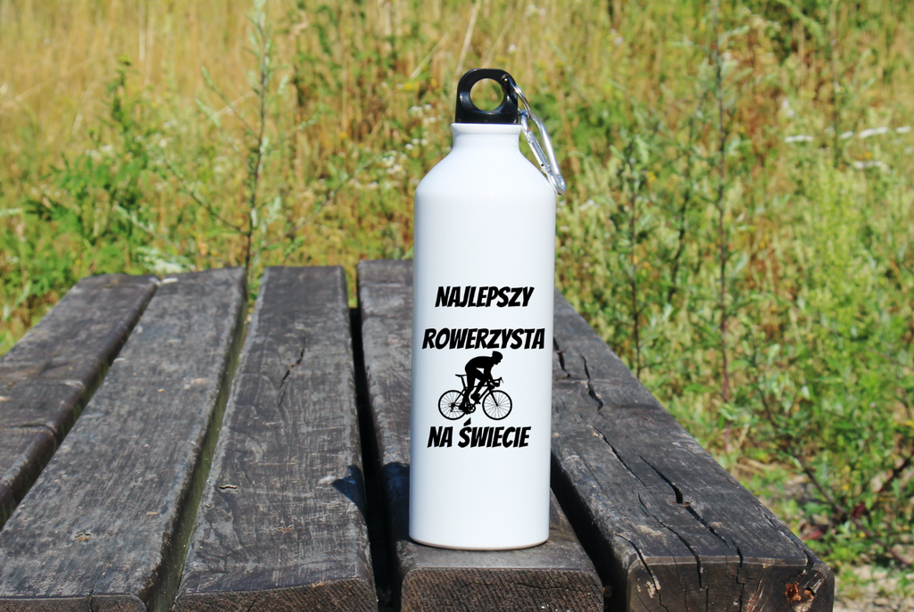 Butelka biała 800 ml na rower z nadrukiem „Najlepszy rowerzysta na świecie” – dla rowerzysty #7