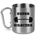 Kubek metalowy srebrny z karabińczykiem i nadrukiem „Super Siłaczka” – na siłownię #2