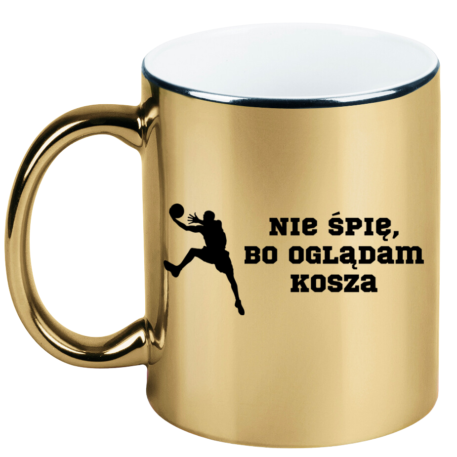 Kubek złoty z nadrukiem "Nie śpię, bo oglądam kosza" – koszykówka #3