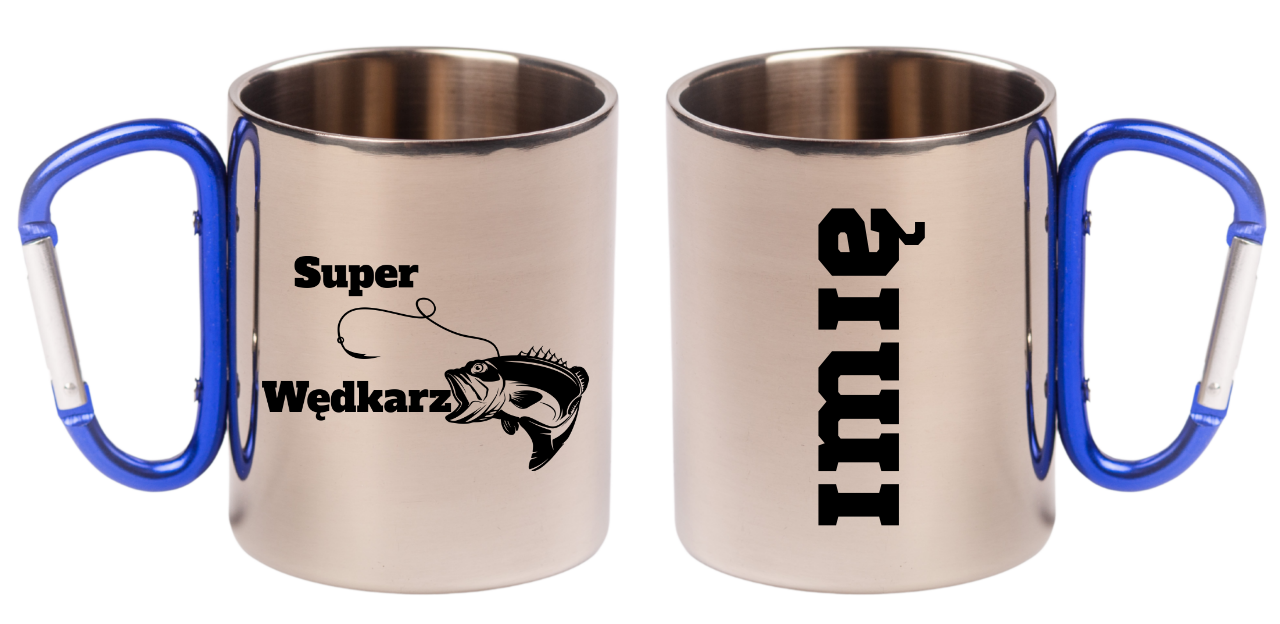 Kubek metalowy 300 ml z niebieskim karabińczykiem i nadrukiem "Super Wędkarz" – wędkarstwo #5