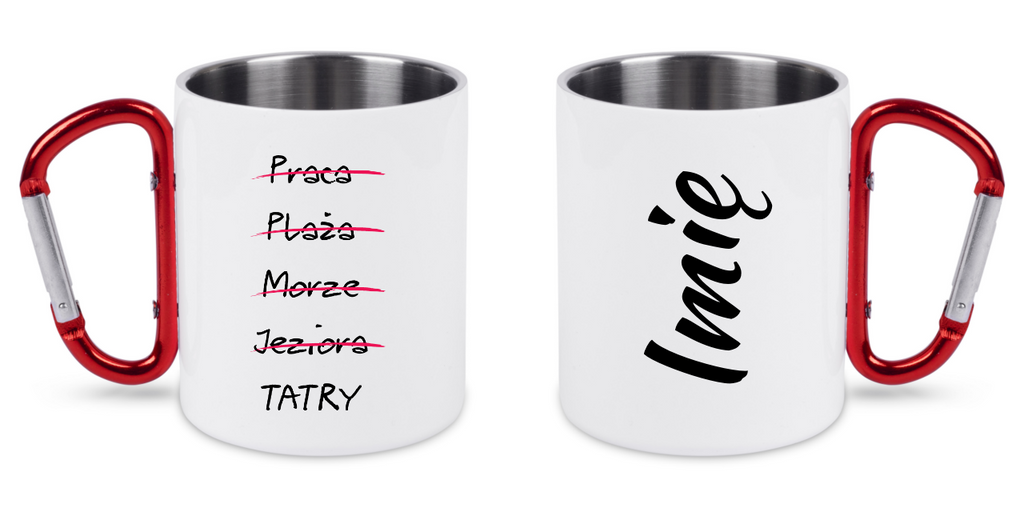 Kubek biały z czerwonym karabińczykiem, nadruk „Tatrzańska wykreślanka” – Tatry, góry #11