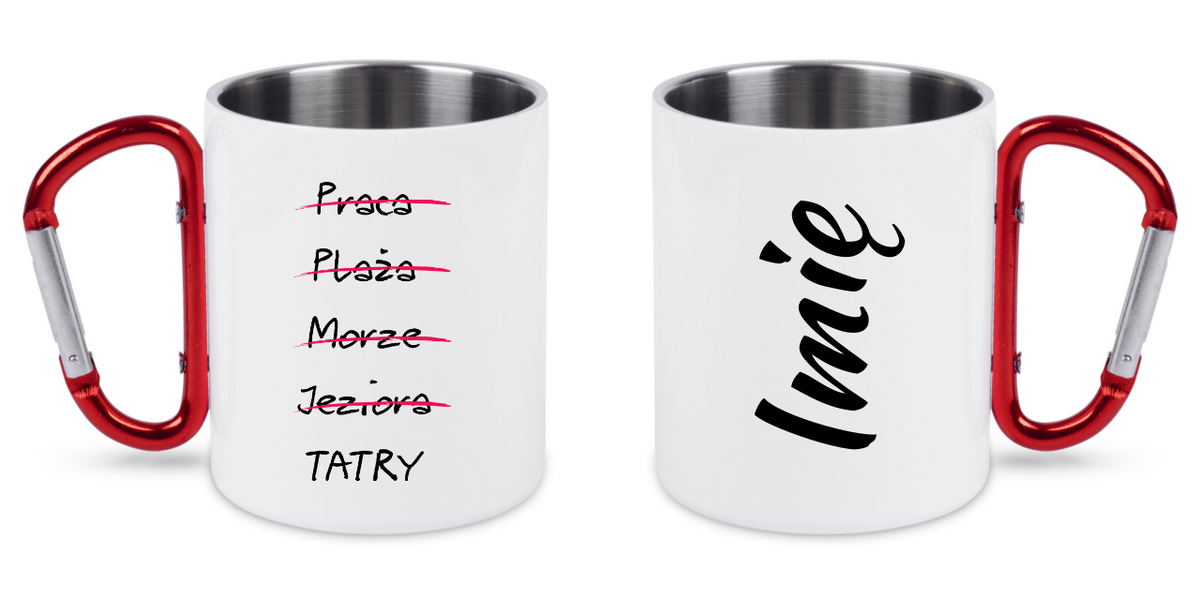 Kubek biały z czerwonym karabińczykiem, nadruk „Tatrzańska wykreślanka” – Tatry, góry #11