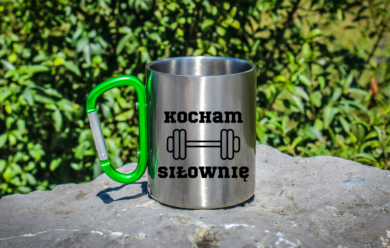 Kubek z zielonym karabińczykiem nadruk "Kocham Siłownię" - siłownia #1