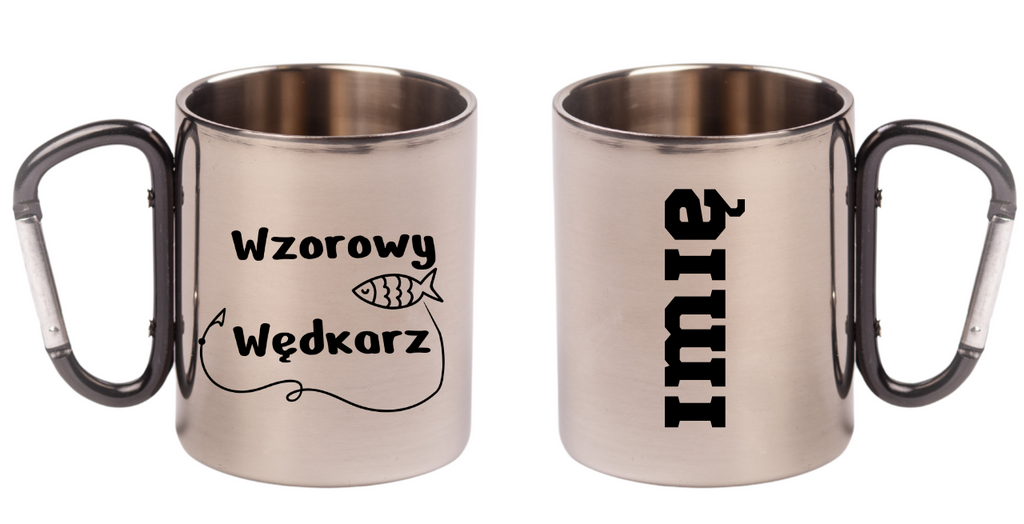 Kubek metalowy 300 ml z czarnym karabińczykiem i nadrukiem „Wzorowy Wędkarz” #1