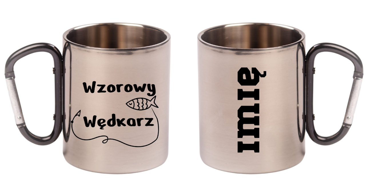 Kubek metalowy 300 ml z czarnym karabińczykiem i nadrukiem „Wzorowy Wędkarz” #1