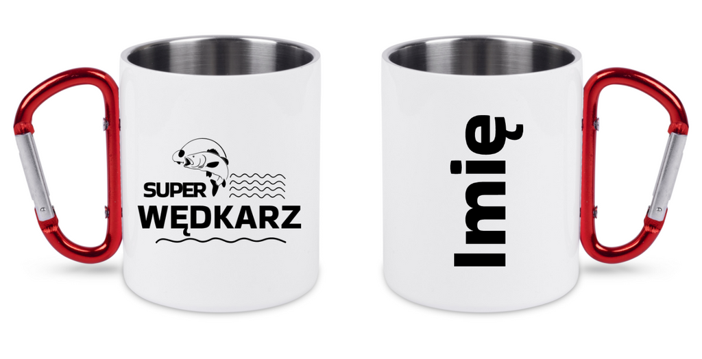 Kubek biały z czerwonym karabińczykiem i nadrukiem "Super wędkarz" – wędkarstwo #11