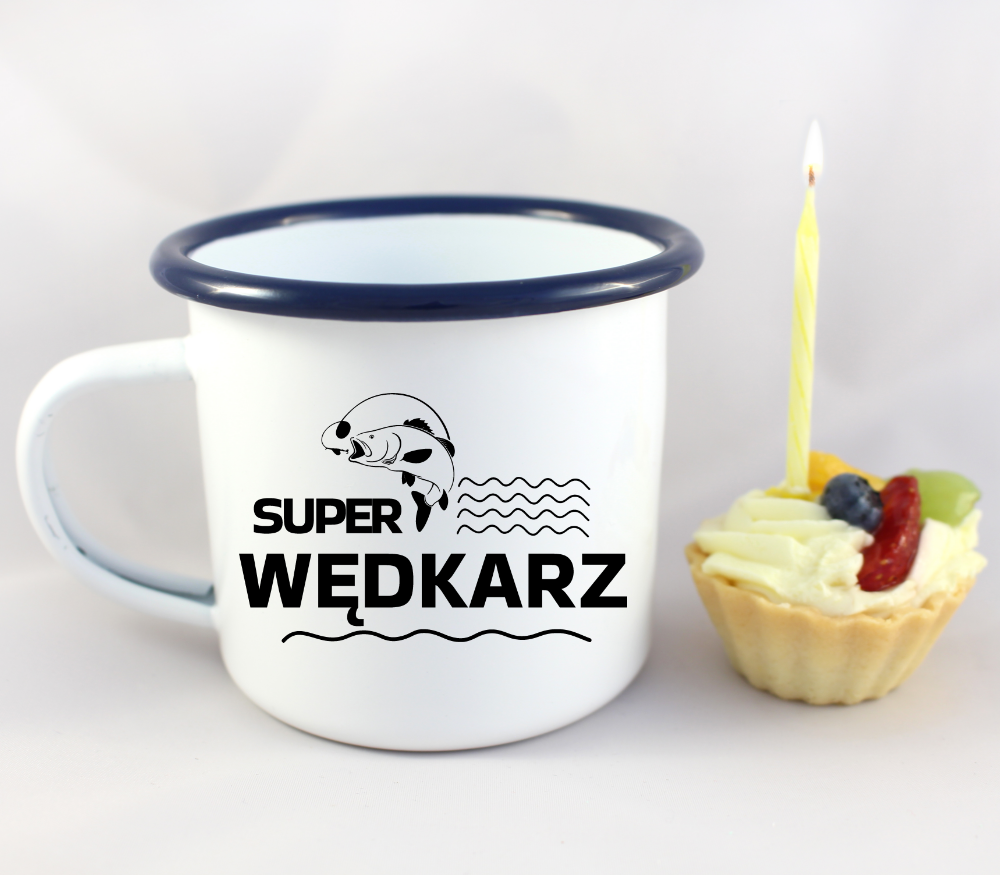 Kubek emaliowany biały z nadrukiem "Super wędkarz" #11