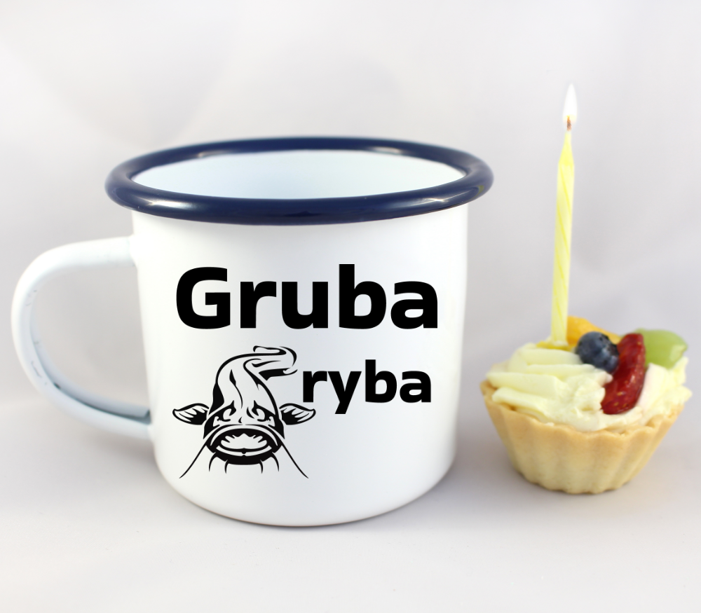 Kubek emaliowany biały z nadrukiem "Gruba ryba" #12